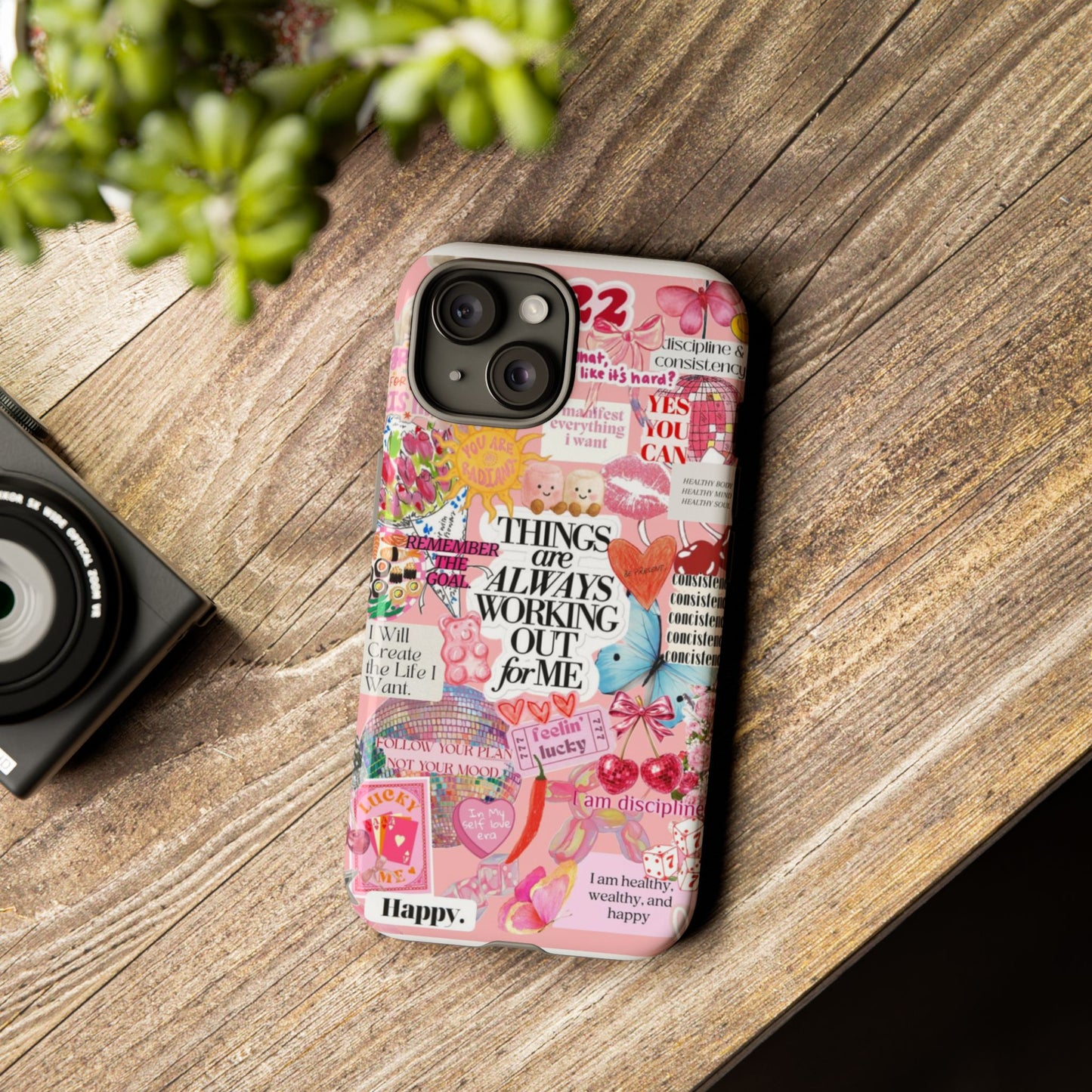 Phone Case — Pink Positive Collage “Things Are Always Working Out For Me”