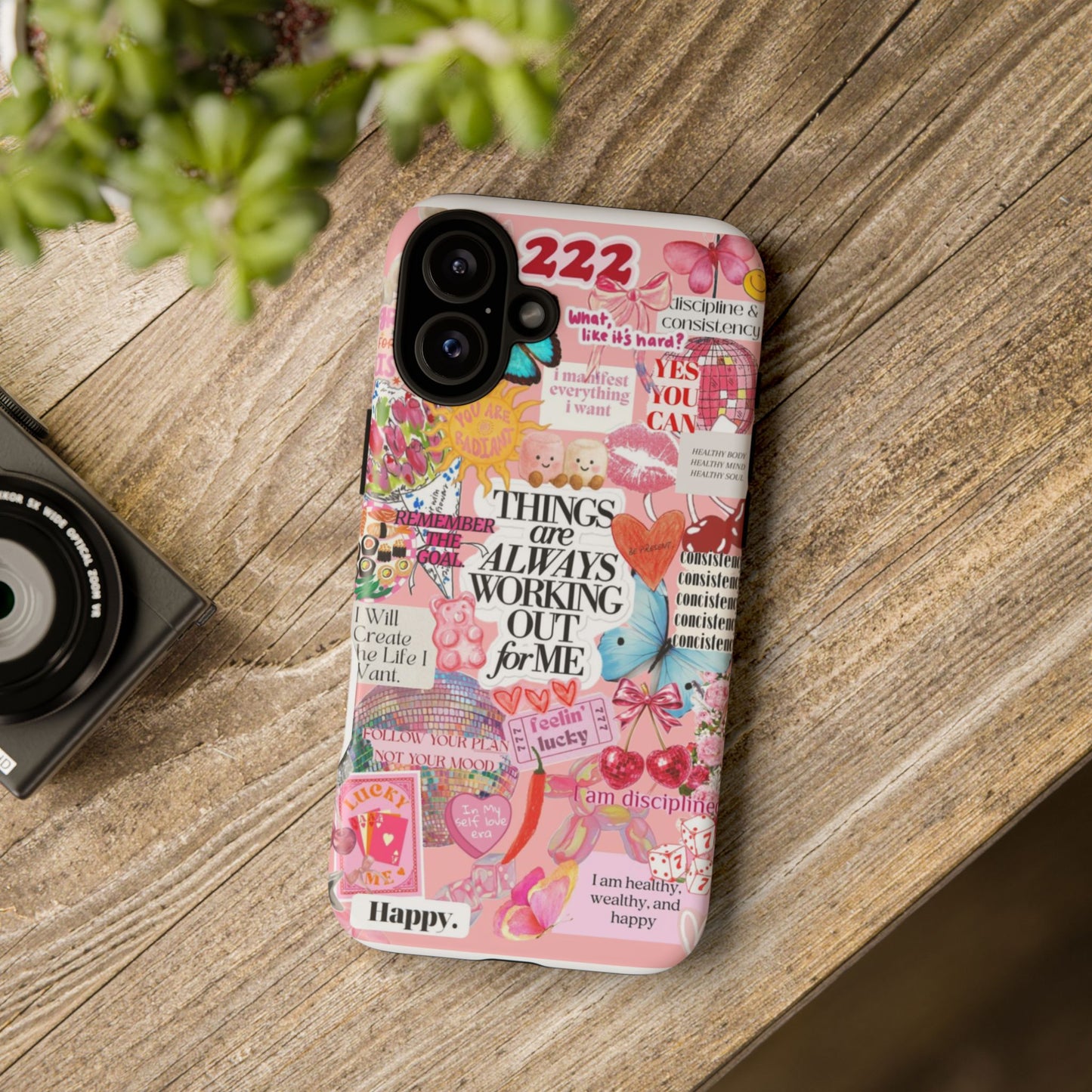 Phone Case — Pink Positive Collage “Things Are Always Working Out For Me”